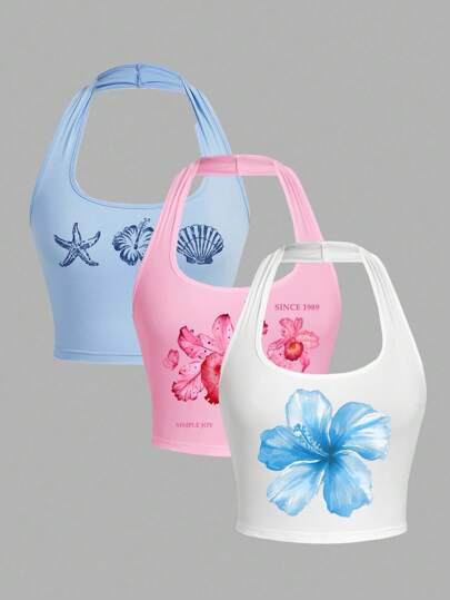 SHEIN EZwear 3pcs Women Casual Minimalist Tight Camisole Racerback Tops, Suitable For Summer Vacation Back To School