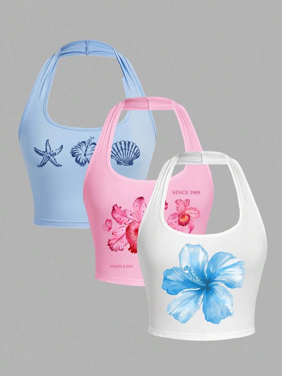 SHEIN EZwear 3 件套女士休闲简约紧身吊带背心工字背心，适合夏季度假 - 彩色 - 查看 1