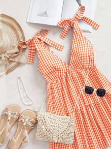Comfortcana Women's Summer Fashionable Plaid Shoulder Tie Strap Mini Dress Orange Gingham Dress Vacation Dress - Orange - View 3