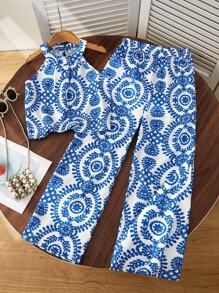 2pcs Girls' Holiday Basic Halter Shirt + Loose 3/4 Pants Floral Printed Woven Set - Blue - View 3