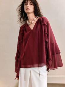 Arave Women's Elegant Chiffon Ruffle Flare Long Sleeve V-Neck Blouse, Graceful Work Commute Tops, Bohemian Resort Vacation Style,Summer Dresses For Women,Bohemian Clothes,Fall Women Clothes,Fairycore,Going Out Tops Women,Vacation Outfits Women,Flowy Top,Oversized Shirt,Fall Women Clothes,Classy Outfits For Women,Tie Front Top