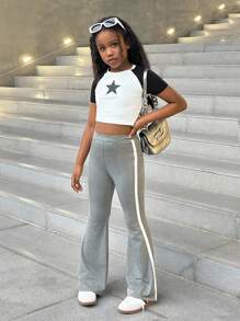 SHEIN Tween Girls Grey Contrast Trim Knitted Flared Leggings, Comfortable Casual Fashion Streetwear Flare Leggings Flared Sweatpants Flare Pants Bell Bottom Pants Wide Leg Leggings - Grey - View 4