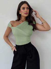 Firerie Women Modest Asymmetric Shoulder-Cross Wrap Solid Color T-Shirt With Metal Decor, Ruched Waist, Slim Fit, Suitable For Spring Summer Daily Commute, Beach, Airport , Vacation , Teachers