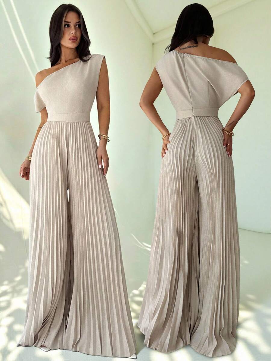 Firerie 女式卡其色斜肩不对称褶皱长款连体裤，优雅日常通勤连体裤，卡其色连体裤，宽松腿部连体裤，春夏装，通勤，优雅，工作服，职业装 - 卡其色 - 查看 1