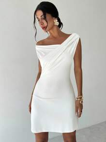 Firerie 女士优雅简约时尚性感日常通勤音乐节度假不对称荷叶边领白色 A 字迷你连衣裙，春夏 - 白色 - 查看 7
