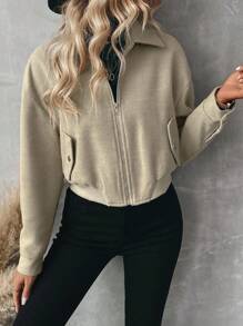 Chiquease Linho Cor Lapela Zíper Lã Cardigan Curto Casaco Casual
