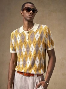 AKNOTIC Business Casual Áo thun nam tay ngắn dệt kim, dáng rộng, mặc hàng ngày, mặc mùa hè, họa tiết hình học Argyle, mặc đi nghỉ mát cho nam thập niên 70 - Màu Khaki - Xem 3