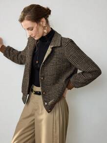 Uhlyne New Autumn/Winter Woven Turndown Collar Plaid Elegant Long Sleeve Casual Fitted Buttoned Design Women Jacket Coat,Autumn,Minimalist,Business Casual,Holiday Outfits,Work Wear,Teacher Outfits,Back To School,Fall,Old Money Style - Brown - View 9