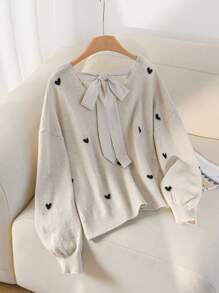 SHEIN CURVE+ Áo len hở lưng cổ chữ V họa tiết trái tim cỡ lớn cho nữ - Màu be - Xem 4