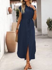 Wandoria Robe longue maxi à manches évasées, col chemise, boutons devant, poche poitrine gauche, ceinture à nœud papillon à la taille, ourlet asymétrique avec fente latérale, style casual pour vacances et bureau, printemps/été - Bleu marine - Voir 8