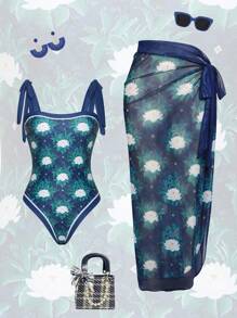 The White Lotus Swim Oasis Women's Summer New Positioned Printed Camisole Strappy Backless Slim One-Piece Swimsuit, Sexy Mesh Wrap Cover Up Skirt Vacation 2 Pieces Swimwear - Multicolor - View 6