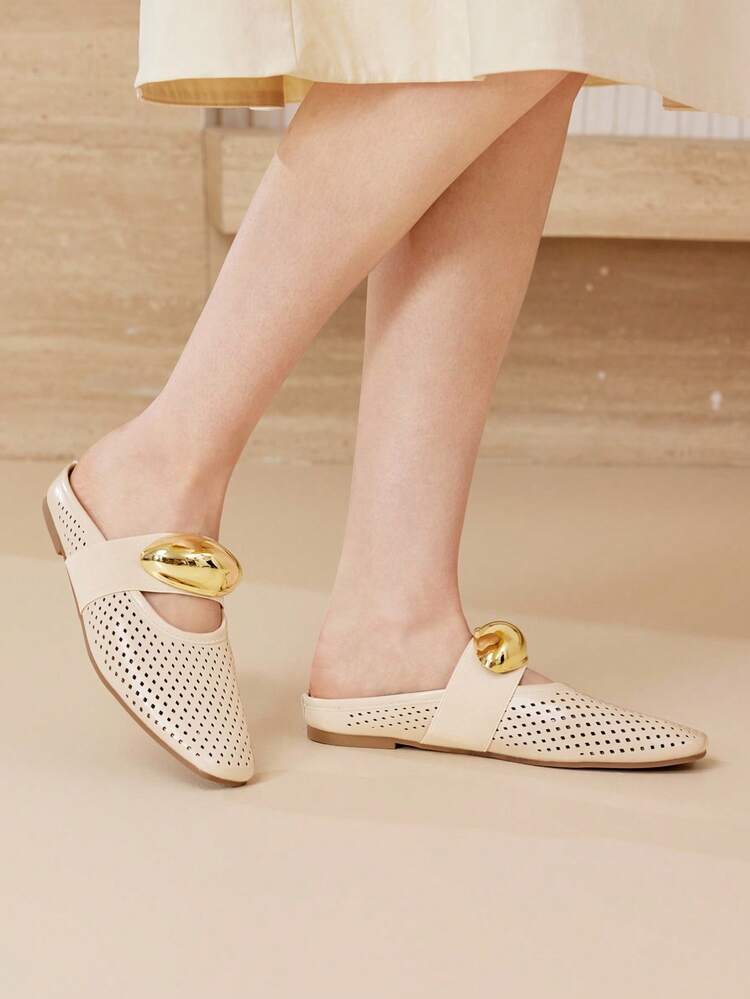 WOMEN SHOES FRENCH NEW FASHIONABLE HOLLOW BUCKLE SQUARE TOE FLAT BOTTOM HALF SLIPPERS, APRICOT ELEGANT VERSATILE BREATHABLE COMFORTABLE SLIP-ON LIGHT WEAR-RESISTANT SIMPLE GENEROUS HIGH-END SHOES SPRING SHOES