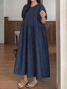 Dazy Plus 深水洗蓝色圆领泡泡短袖休闲连衣裙，夏季 - 深色水洗藍 - 查看 4