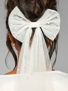 MISSGUIDED Pearl Embellished Tulle Bow Hair Clip Bridal Wedding Formal Occasion Hair Accessory Elegant Mesh Ribbon Barrette