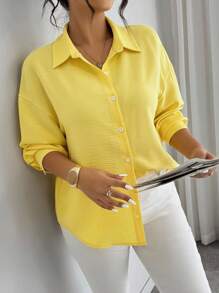 Elenzga 加大码纯色镂空贴花优雅长袖衬衫