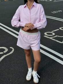 SHEIN Bộ áo sơ mi kẻ sọc và quần short màu tương phản cho bé gái tuổi teen, thường ngày, ngày lễ, đồ mặc ở nhà - Hồng - Xem 4