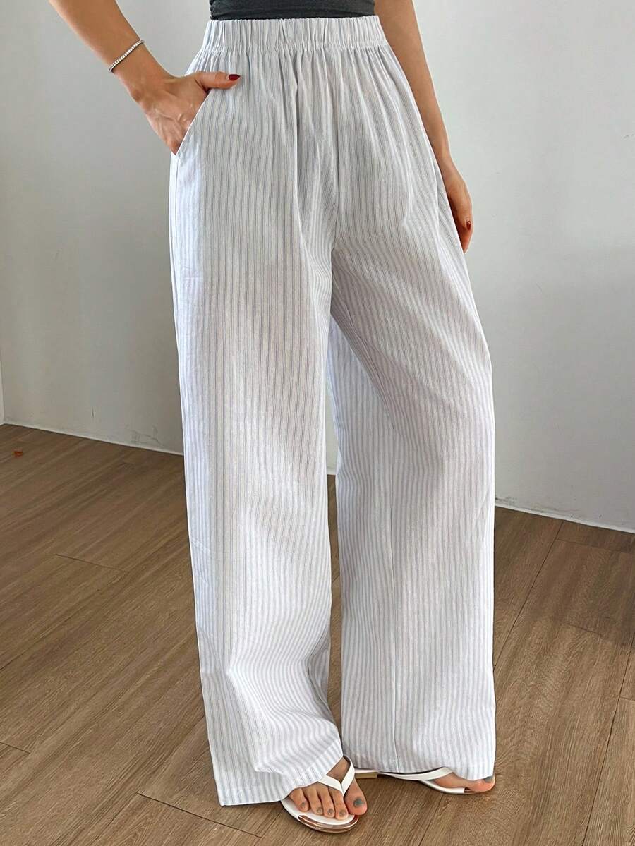 DAZY 简约条纹宽松直筒休闲裤，秋季睡衣 - 淺藍色 - 查看 1