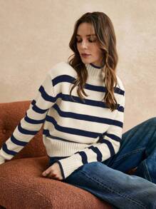 Poéselle Suéter casual de mujer con cuello alto, hombros caídos y mangas largas a rayas para otoño/invierno - Azul Marino - Ver 2