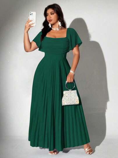 Grovea 大码女式优雅浪漫褶皱雪纺荷叶边袖短款连衣裙，适合派对、婚礼