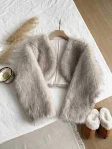 SHEIN X Phaith Montoya SHEIN EZwear Plus Size Women's Solid Long Sleeve Open Front Faux Fur Coat Faux Fur Shrug/Winter Fur Jacket