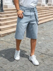 Manfinity Homme 男式宽松口袋休闲百搭牛仔百慕大短裤 - 淺色水洗藍 - 查看 3