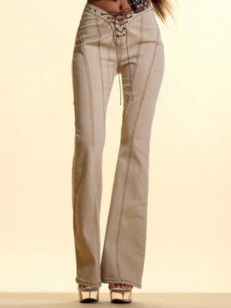 GloRilla x MUSERA Low Rise Dipped Waist Lace Up Fitted Seam Detail Flared Denim Jeans Summer Ibiza Boho Festival Sexy Club Rave After-Show Fall Autumn Winter Western Cowgirl Nashville Fall Autumn    Party Fall  Chic