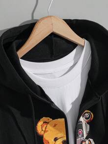 Felpa con cappuccio uomo regolare con chiusura lampo, stampata con orso in cotone