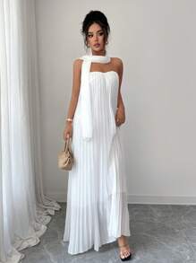 Elenzga Damen Midi-Kleid mit einfarbigem plissiertem Trägerkleid, eleganter Stil