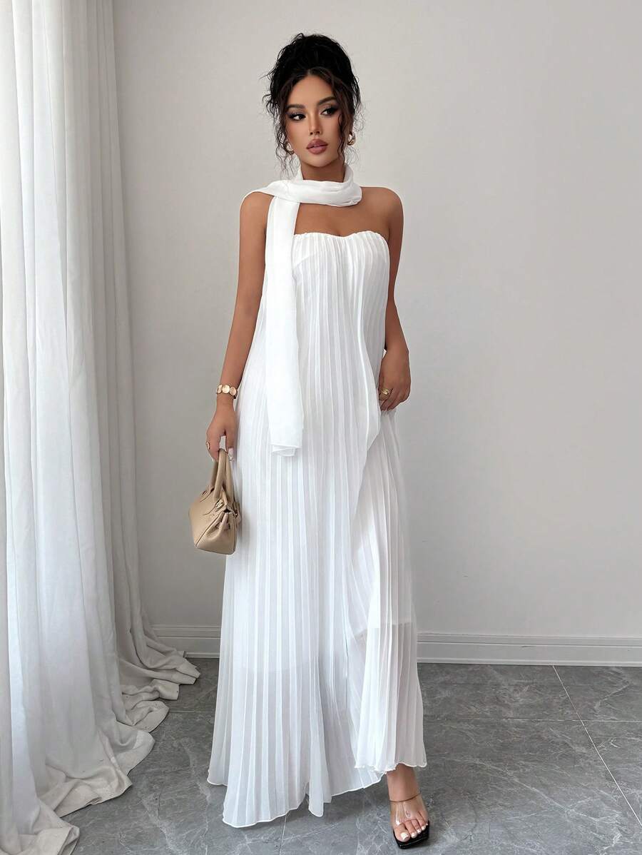 Elenzga Damen Midi-Kleid mit einfarbigem plissiertem Trägerkleid, eleganter Stil