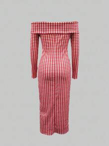 INAWLY Women's Off-Shoulder Pink Plaid Simple Casual Mini Dress - Red - View 3