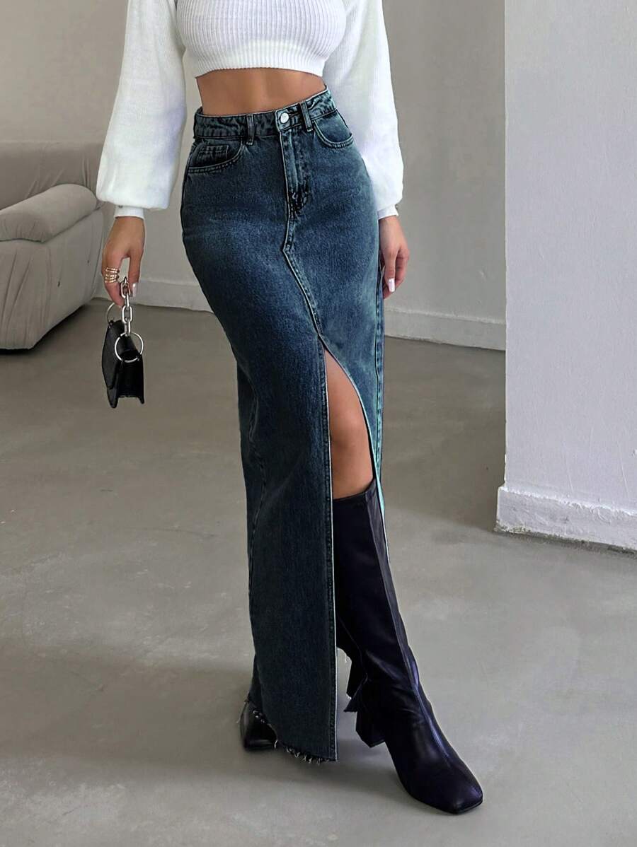 Women's Casual Denim Skirt With Pockets & Side Slit - Teal Blue - View 1