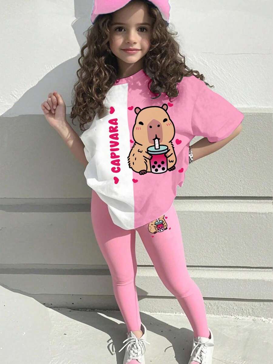 SHEIN 返校少女时尚休闲豹纹樱桃字母图案圆领短袖T恤豹纹打底裤套装个性街头套装夏秋装 - 彩色 - 查看 1