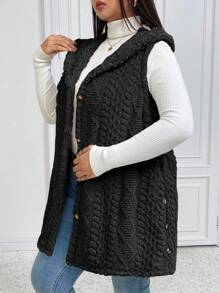 EMERY ROSE 大码休闲蓬松提花纯色加厚前开连帽单排扣百搭背心夹克 - 黑色 - 查看 5