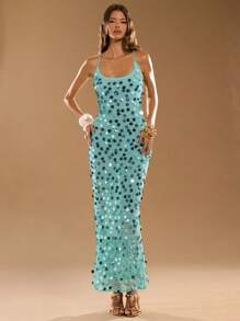 SHEIN BAE 女士纯色亮片露背修身长裙