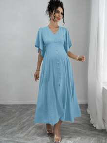 SHEIN Robe de maternité avec manches volantées, col en V, décoration de boutons à l'avant, ourlet asymétrique