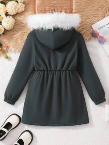 SHEIN 冬季女童休闲羊毛连帽夹克，带毛领 - 深灰色 - 查看 2