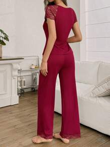 SHEIN Women's Casual Solid Color Lace Splice Sheer Short Sleeve Pajamas Set - Burgundy - View 2
