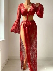 SHEIN 3pcs/Set Women's Lace Bell Sleeve Tie-Front Sexy Lingerie Set - Burgundy - View 5
