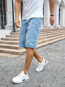 Manfinity Homme Quần short denim rộng rãi, thoải mái, đa năng, có túi, viền tua rua, size lớn dành cho nam - Rửa nhẹ - Xem 5