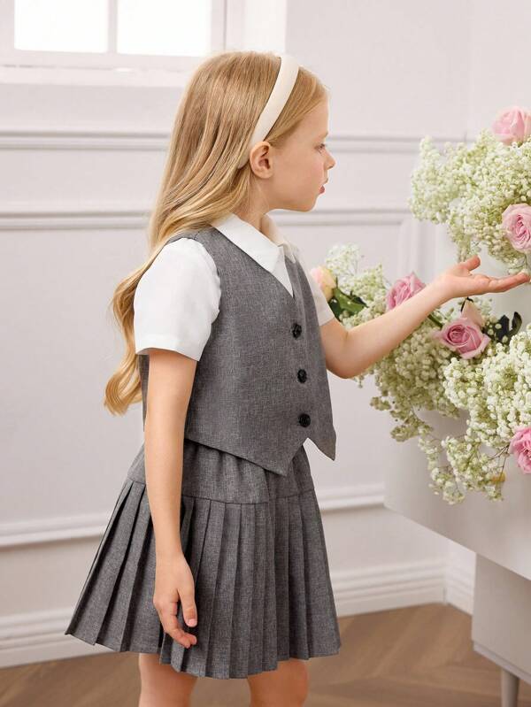 SHEIN 3 PiecesSet: Woven Solid Vest, Casual Shirt, And Mini Skirt For Young Girls