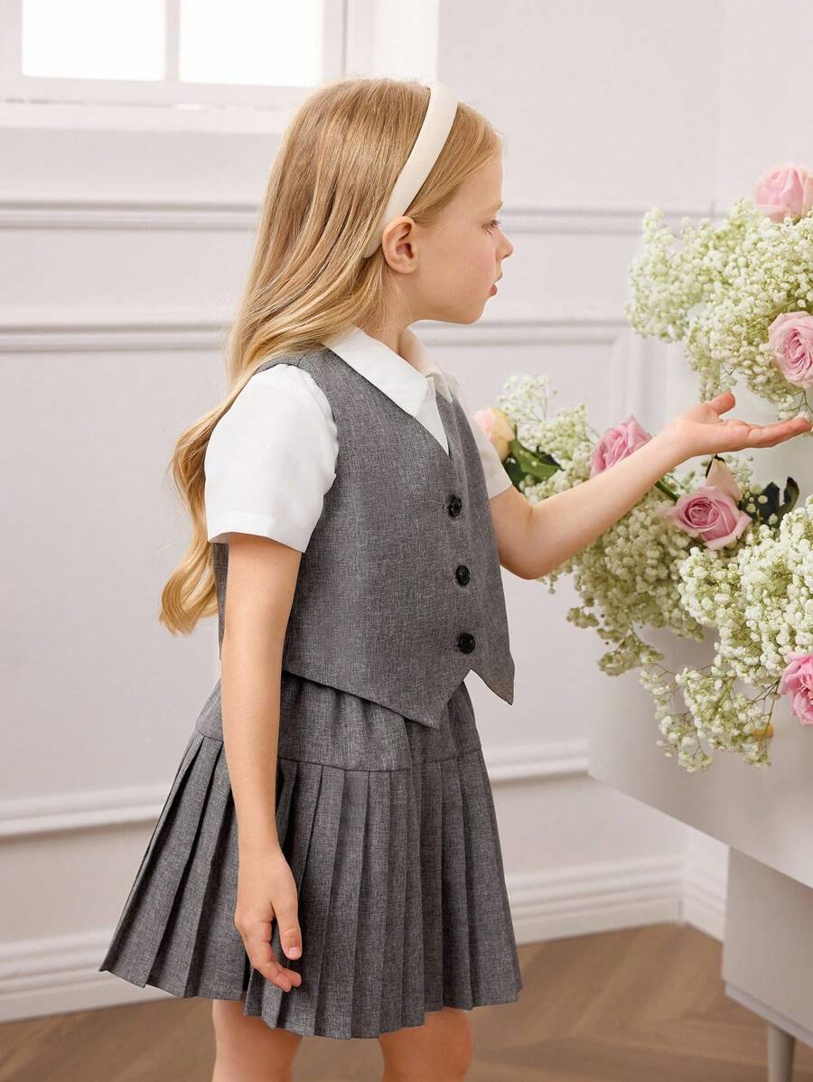 SHEIN 3件套：适合年轻女孩的梭织纯色背心、休闲衬衫和迷你裙 - 灰色 - 查看 1