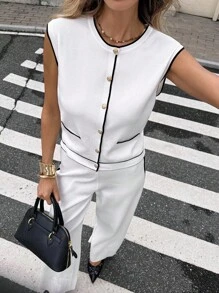 SHEIN Frenchy Bộ 2 chiếc/bộ áo len cardigan không tay viền tương phản thời trang xuân/hè/thu và quần dài rộng rãi cho nữ - Nhiều màu - Xem 1