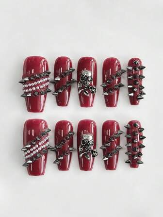 Grunge Punk 10 piezas de uñas postizas de calidad alta con cabeza de esqueleto estilo punk/edge remachada y pintada a mano + 3 hojas de adhesivo doble cara, reutilizables de forma de ataúd media/larga, pegatinas de uñas pintadas a mano en unicolor rojo perla, adecuadas para festivales, fiestas, baile y uso diario