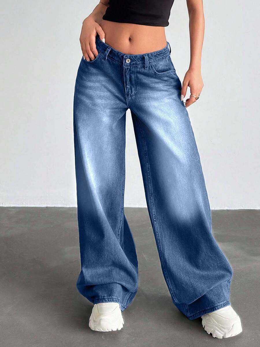 EURMUSE Low Waist Wash Detailed Wideleg Jean - Medium Wash - View 1