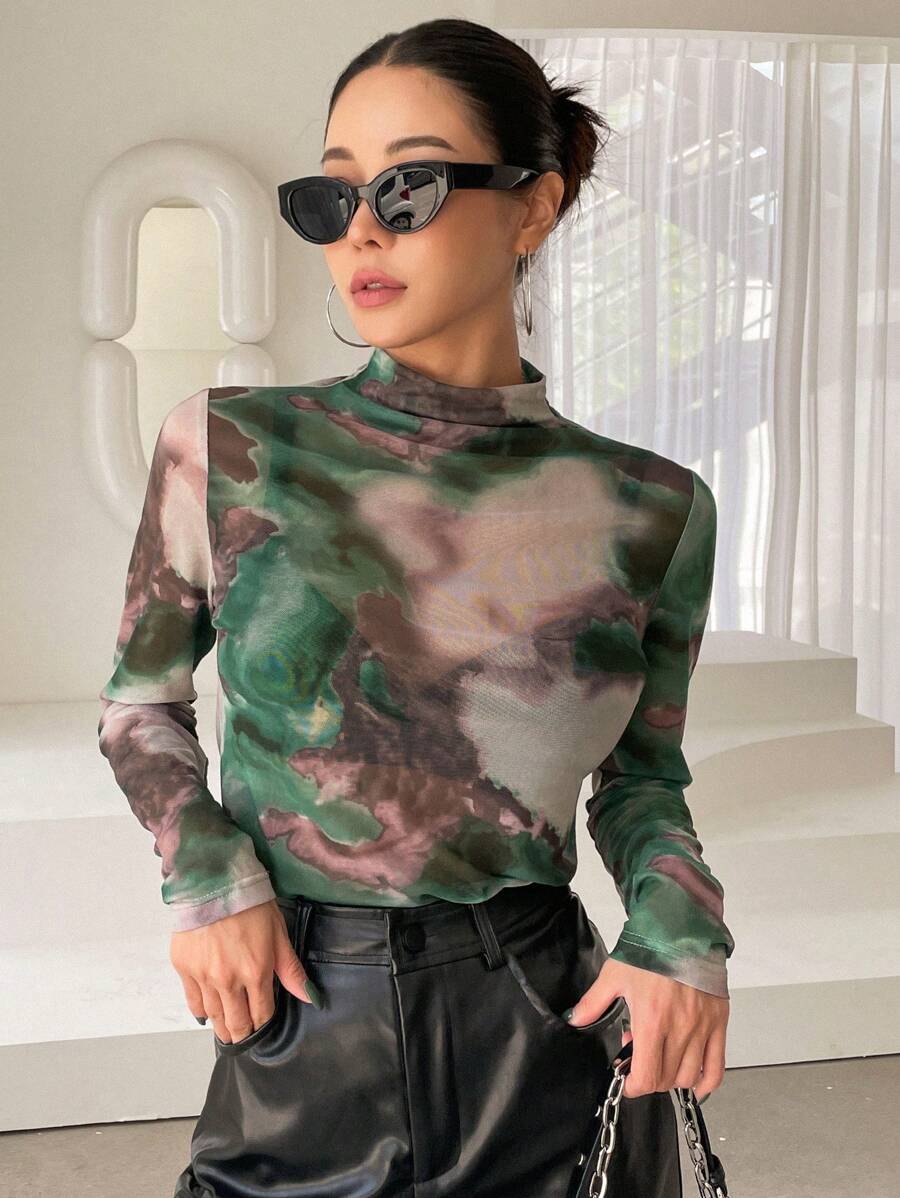DAZY 1pc Mock Neck Tie Dye Top Sheer Long Sleeve Women Tops Going Out Tops Women - Multicolor - View 1