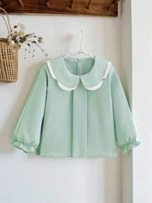Young Girl Colorblock Floral Collar Ruffle Sleeve Blouse, Suitable For Daily Wear And Friendly Gatherings/Parties, Autumn/Spring