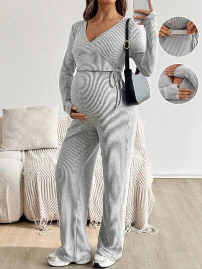 SHEIN Autumn And Winter Casual  2pcs Maternity Solid Color Wrap Knotted Long Sleeve Top And Pants Casual Nursing Set