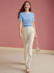 MOTF PREMIUM CONTRAST BINDING SHORT SLEEVE WIDE HEM KNIT TOP KNIT PULLOVER FALL WINTER - Baby Blue - View 4