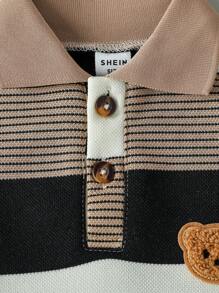 SHEIN Playful Pals 男婴休闲可爱小熊刺绣徽章不对称条纹短袖polo衫和短裤套装，适合夏季穿着，男婴夏季服装套装，男婴条纹服装，男婴条纹套装，男婴夏季服装，男婴夏季套装，男婴服装18-24个月男婴休闲条纹T恤和短裤套装 - 彩色 - 查看 6