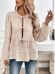 Solivie 1 件女式花卉纹理面料领带蝴蝶结长袖衬衫，长袖上衣 - 杏色 - 查看 13